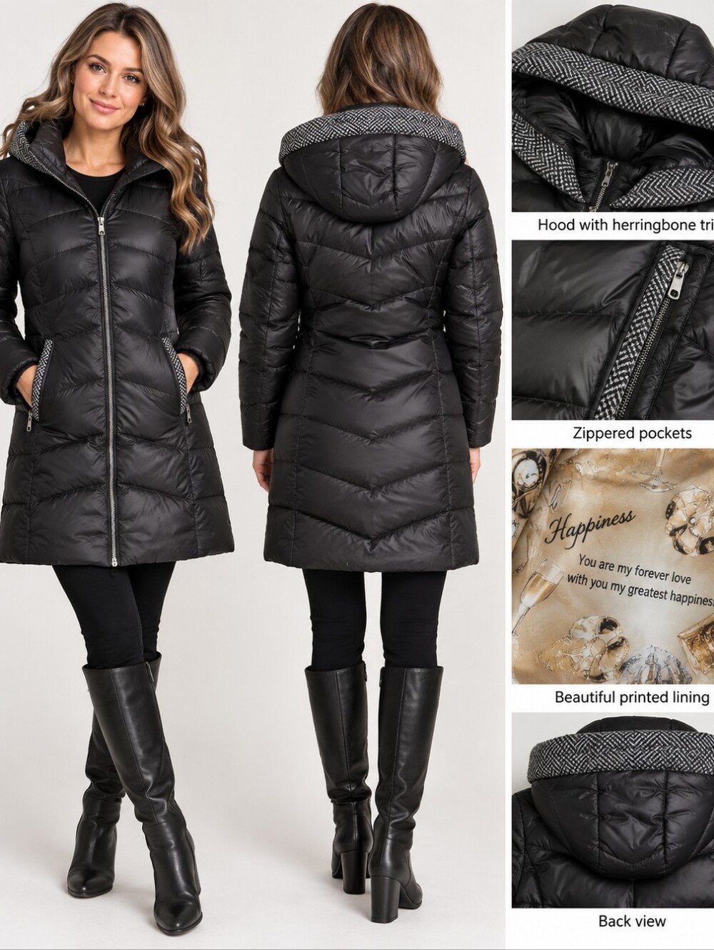 Women’s Black Long Puffer Coat L NWT Hooded Insulated Winter Jacket Asian Size